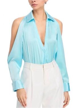 Generation Love Dee Light Blue Cold-Shoulder V-Neck Satin Bodysuit